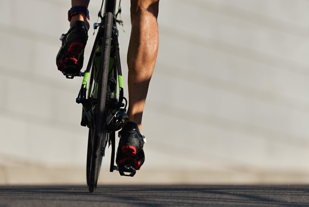 A cyclist in a race simulation to help them to better pace the 70.3 bike leg