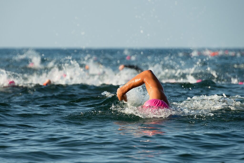 Triathletes swimming open water during a 70.3 distance event